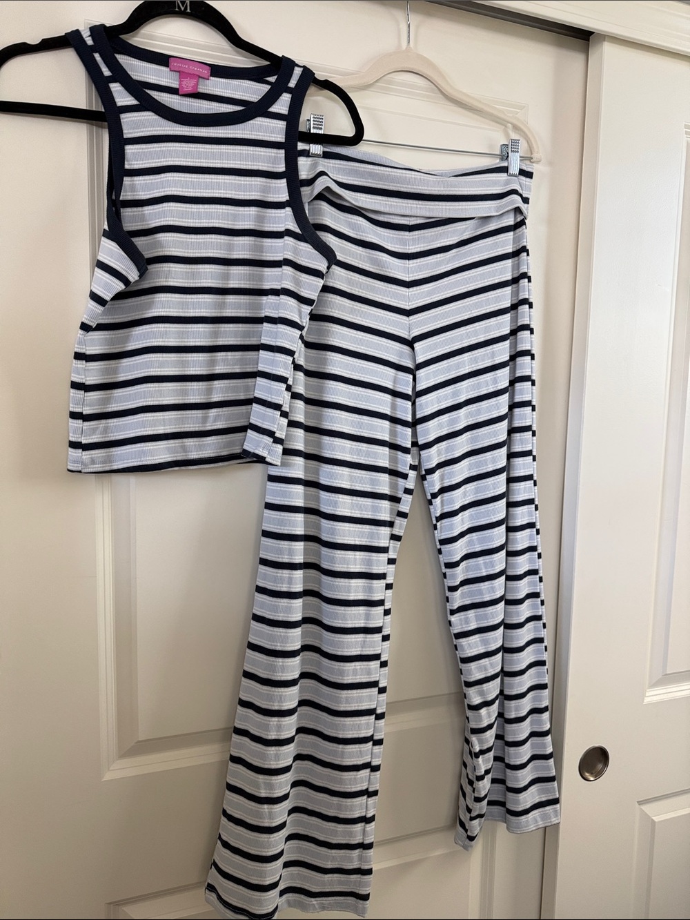 Women's Navy & White Striped Wide-Leg Pants and tank top two pie- Casual Pull-On